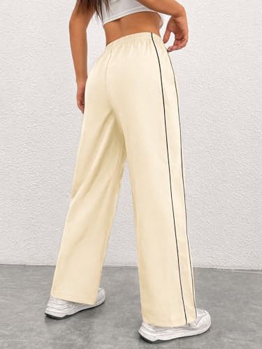 Image of Women Casual Loose Fit Track Pants High Waist Elastic Waistband Straight Wide Leg Trousers with Side Piping, Gym Yoga Running Athletic Sweatpants Comfortable