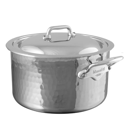 Mauviel M'ELITE Hammered 5-Ply Stewpan With Curved Lid, Cast Stainless Steel Handles, 6.2-Qt, Made In France