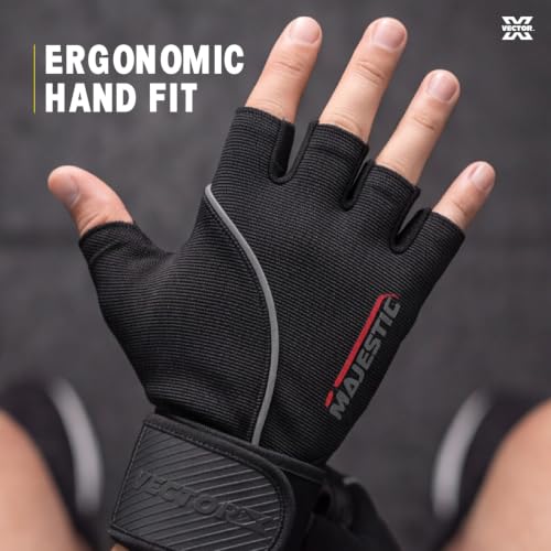 Image of Vector X Majestic Unisex Leather High Grip Padded Sports Gloves, Breathable, Professional Weightlifting, Football, Fitness Training & Gym Workout|Half-Finger Length, Wrist Wrap for Protection|Black|L