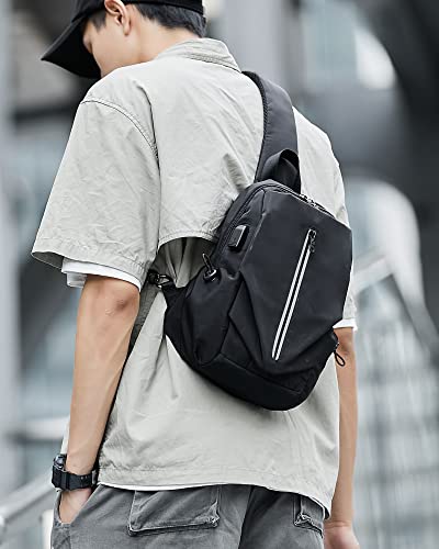 Image of SEAFEW Small Black Tactical Sling Crossbody Backpack Shoulder Bag for Men Women, Lightweight One Strap Backpack Sling Bag Backpack for Hiking Walking Biking Travel Cycling USB Charger Port-Nylon,
