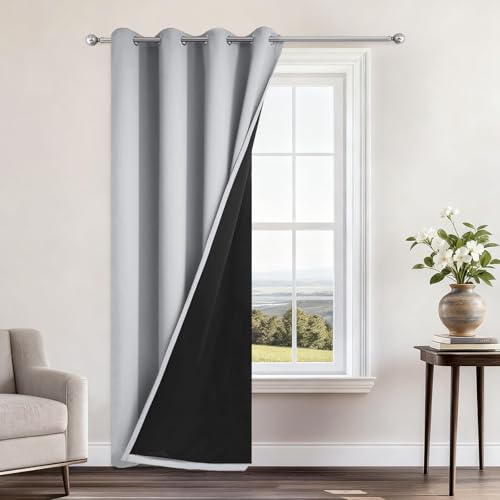 Image of Yakamok Light Grey 100% Blackout Curtains 96 Inches Long 52 inch Wide 1 Panel | Blackout Curtain Panels for Bedroom, 2 Thick Layers Grommet Top Thermal Insulated Drapes with Black Liner for Living Room