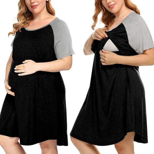 MONNURO Women's Plus Size Labor and Delivery Gown Nursing Nightgown Maternity Sleepwear Dress for Breastfeeding(Black,4X)