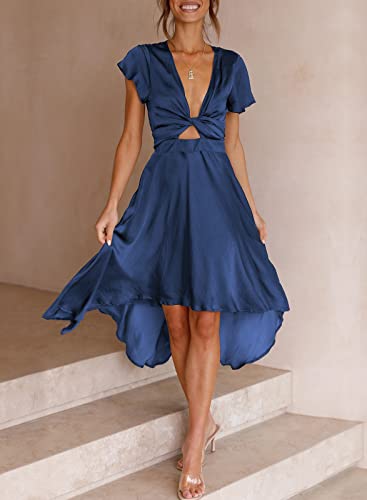Image of miduo Womens Satin V Neck Ruffle Short Sleeve Tie Front High Waist Midi A-Line Maxi Dresses
