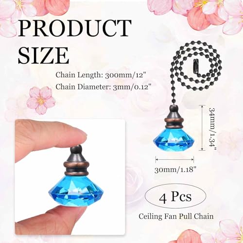 Image of MECCANIXITY 4Pack Ceiling Fan Pull Chain, 12 Inch Decorative Ornaments Diamond Pendant Pull Chain Extension for Ceiling Fans Light Lamp, Blue
