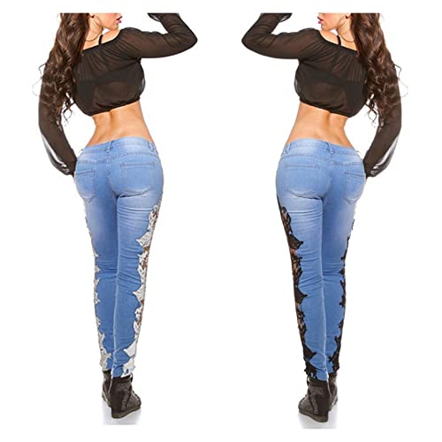 Dawwoti Jeans skinny feminino cintura baixa jeans lateral renda babados patch calça afunilada, Preto