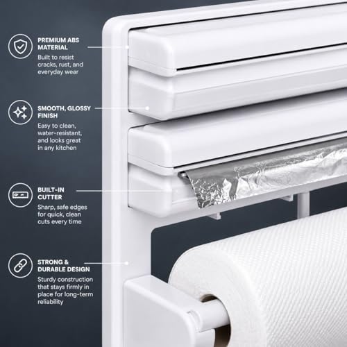 Image of Wall Mounted Foil and Cling Film Dispenser with Cutter - 3 in 1 Kitchen Wrap Organizer with Paper Towel Holder for Aluminium Foil, Butter Paper, Food Wrap and Roti Sheets