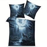 GEDAEUBA Bettwäsche 140x200 Wolf Mond - Wölfe Bettbezug, Wendebettwäsche und Kissenbezug 70x90, Weiche & Angenehme Mikrofaser Bettwäsche-Sets mit Reißverschluss