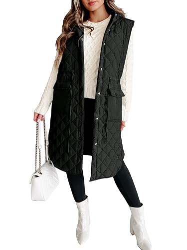 Tankaneo Women's Long Puffer Vest Sleeveless Hood Quilted Winter Outwear Warm Jackets Coats