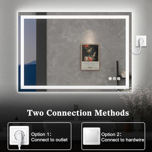 Image of WTTY LED Bathroom Mirror 55 inchx30 inch with Back and Front Light,Modern LED Mirror for Bathroom,Stepless Dimmable Lighted Bathroom Vanity Mirror with Anti-Fog,Memory Function,Shatter-Proof