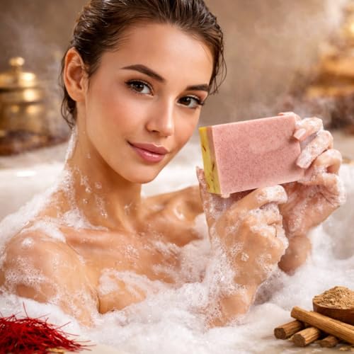 Image of Sandalwood Saffron Goat Milk Soap Bar with Natural Ingredients, Handmade Herbal Bath Soap for Skin Brightening, Moisturizing, and Acne-Prone Skin, 100g, Pack of 2
