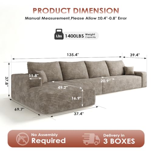 Image of Boneless Couch, Modular Sectional Couches for Living Room, U-Shaped Cloud Couch Sofa with Deep Seat, Fluffy Corduroy Upholstered Corner Sofa