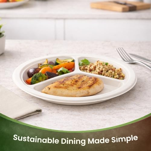 Image of Eco Aaroyaa 9-Inch Bagasse 3-Compartment Plates - Eco-Friendly Disposable Sugarcane Plates, Strong Oil & Water Resistant Section Plates for Meals, Parties, Catering, Events & Food Serving (Pack of 25)