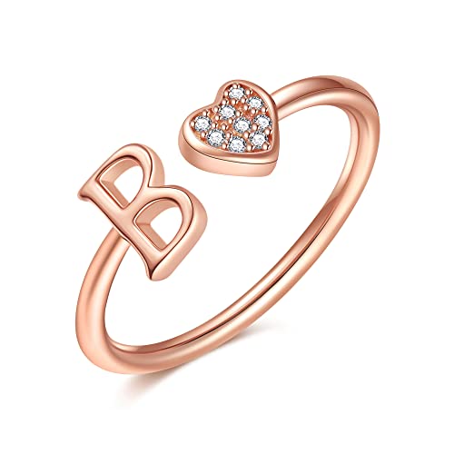Image of Initial Rings for Teen Girls - S925 Heart Sterling Silver Rings for Teen Girls | 14K Gold /Rose Gold /Sterling Silver Plated Ring for Girls Kids Women Ring for Teenager Girls Gifts Adjustable, No Tarnish, Hypoallergenic
