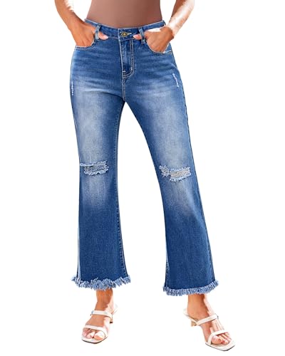 GRAPENT Flare Jeans for Women Trendy High Waisted Cropped Ripped Jeans Wide Leg Stretchy Denim Ankle Pants Raw Hem Jeans