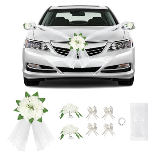 SUPAWAY Décoration de Voiture de Mariage, Kit Déco avec 1 Fleur pour Avant de Voiture, 1 Bande de Tulle (4,7m), 2 Fleurs pour Rétroviseurs, 4 Rubans...