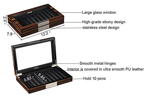 Wood Pen Box - 10 Slot Organizer With Glass Lid, Top Window Display Case for Collection Storage