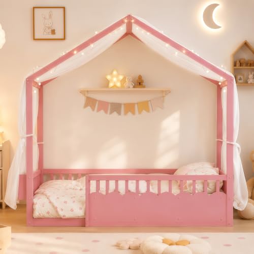 Image of Bellemave Twin House BedFrame with Canopy, Montessori House Bed with LED and Bookshelf and Rails for Kids, Pink