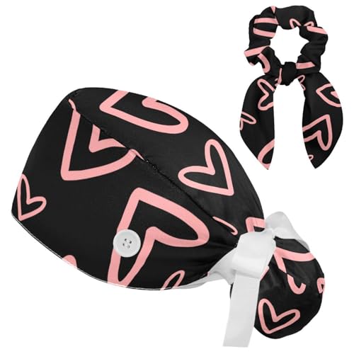 otnrnondcl Adjustable Working Caps with Button & Sweatband, Elastic Bandage Tie Back Hats for Women, Pink Hearts