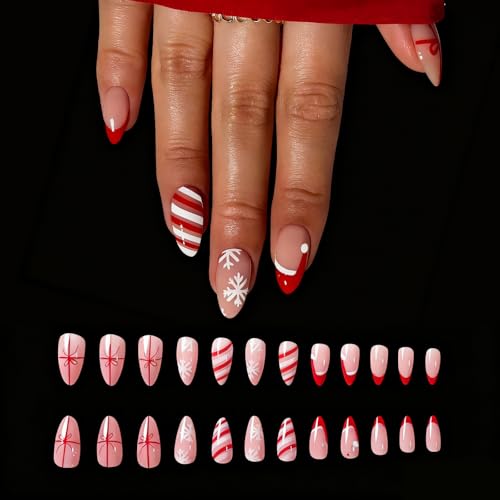 Handmade Christmas Press On Nails 24Pcs Medium Almond Festive Snowflake & Santa Designs Reusable Xmas Fake Nails for Women & Girls