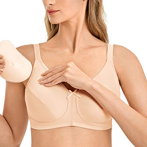 LAUDINE Women's Post Surgery Bra Full Coverage Wireless Pocketed Mastectomy Bras Beige 32DD