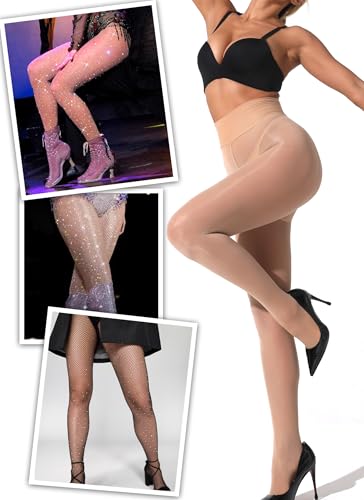 Image of VEBZIN 2 Pairs of Women's Sheer Tights, Fishnet Tights Match Sets Sparkly Tights Sheer Stockings Pantyhose
