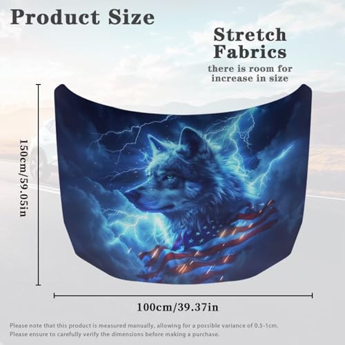 Image of Car Hood Cover for Compact Sedans SUV Trucks, 59x39 Inches Stretchable Auto Hood Wraps Vehicles Banner Automotive Exterior Accessories (Lightning Wolf USA Flag Design)