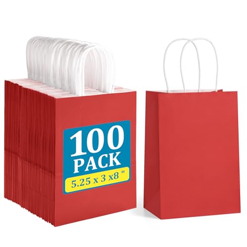 BagDream Kraft Paper Bags 100Pcs 5.25x3x8 Inches Small Kraft Gift Bags with Handles Bulk, for Shopping, Party Favor, Retail, Merchandise, Business, Red Paper Gift Sacks