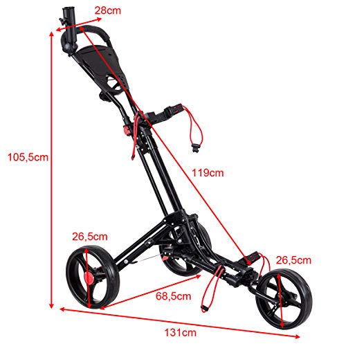 COSTWAY-Carrito-de-Golf-con-3-Ruedas-Plegable-Ajustable-Carro-de-Empuje-Cart-de-Aluminio-con-Paraguero-Negro