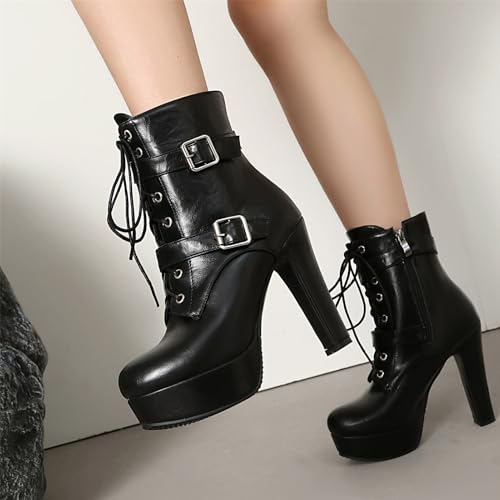 Image of FOREADA Goth Boots Chunky Heel Boot For Women Ankle Combat Booties Black Platform Bootie Buckle Rivets Punk Goth Shoes With Zipper