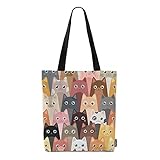 Moslion Cats Bags Colorful Kitten Face Smile Cute Animal Canvas Handbag Reusable Shopping Bags Casual Shoulder Tote Bag for Women 15x16 Inch