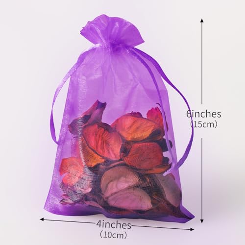 Image of 100PCS Purple Organza Bags, 4x6 Inch Small Mesh Bags Drawstring, Jewelry Gift Bag, Candy Bags for Party Wedding