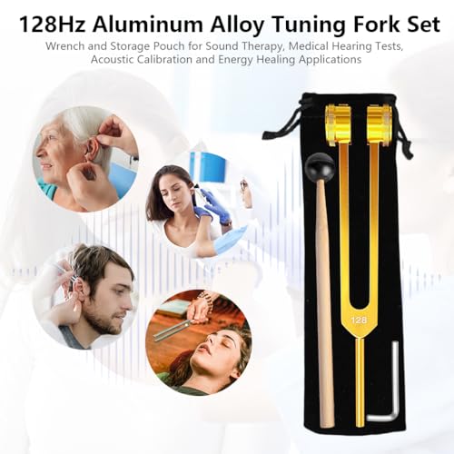 Image of HASTHIP 128Hz Aluminum Alloy Tuning Fork Set with Rubber Hammer, Wrench and Storage Pouch for Sound Therapy, Medical Hearing Tests, Acoustic Calibration and Energy Healing Applications