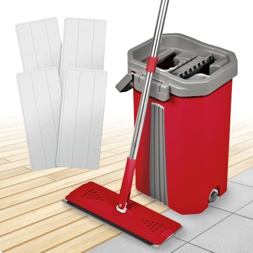 Liseré Vert Smart Mop Compact 360° - Lot Balai serpillère Plat raclette intégrée, Seau essoreur, 4 lingettes Microfibre incluses