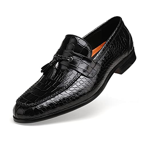 Image of Mens Leather Tassel Loafer, Classic Luxury Smooth Upper Tassel Slip-on Penny Loafer for Mens, Black