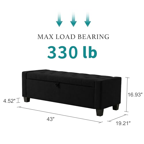 Image of Huatean Home 43 inch Ottoman with Storage, Black Storage Ottoman Bench with Safety Hinge, Upholstered Entryway Bench with Seating for Bedroom, Living Room, Holds up to 330 lb