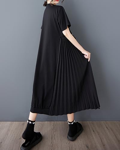 ellazhu Women's Dress Crewneck Short Sleeve Flowy Hem Patchwork Pleated GZ4702