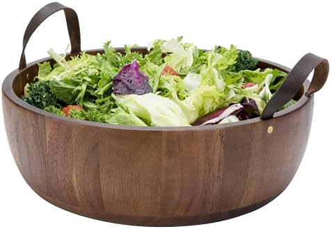 Shanik Acacia Wooden Salad Bowl - Perfect for Serving Salads, Snacks or Fruits - 12 inches Diameters - Made from a Single Piece of Acacia Wood with Two Beautiful Leather Handles