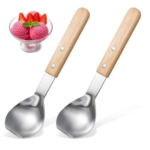 2 Pcs Heavy Duty Ice Cream Spade Scoop with Wooden Handle, Butter Cutter Flat Metal Spade, Stainless Steel Ice Cream Shovel for Scooping and Serving Hard Frozen Treats