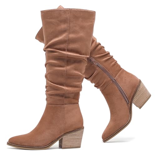 Ruiee Women's Knee High Boots, Wide Calf Chunky Block Low Heel and Slouchy Pointed Toe Winter Long Boots for Women.