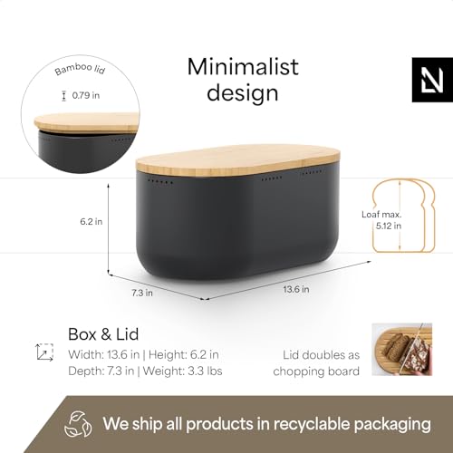 Image of LARS NYSOM Bread Box I Metal bread box for long lasting freshness with non-slip pads I Baked goods Bin with bamboo lid usable as cutting board I 13.6x7.3x6.2in (Carbon Black)
