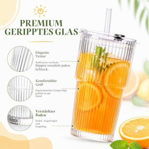ALINK 4 Stück 600ml Gerippte Glasbecher mit Deckel und Strohhalm, dickwandige und robuste Smoothie Becher aus hochwertigem Glas… – Ansicht 3