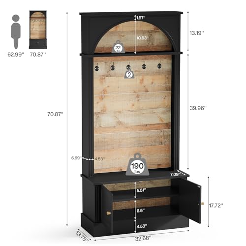 Image of Tribesigns 70.86 inch Hall Tree with Storage Bench, 4-in-1 Design Entryway Bench with Coat Rack, Farmhouse Hall Tree with 5 Hooks and Adjustable Shoe Storage for Entryway, Hallway(Black+Brown)