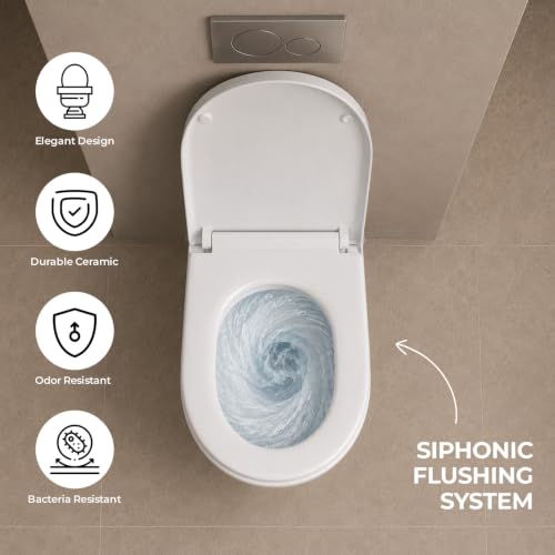 Image of KRISS KROSS Pacific Wall Hung Western Toilet | P-Trap Wall Outlet Commode with Soft-Close Seat Cover | Ceramic Wall Mounted EWC for Bathroom | White | 50.5 x 35.8 x 36.6 cm