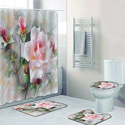 Duschvorhang Weiße Rose Grün Badezimmerteppich 4-Teiliges Set, Duschvorhang 180x180 Polyester+Badematte rutschfeste…