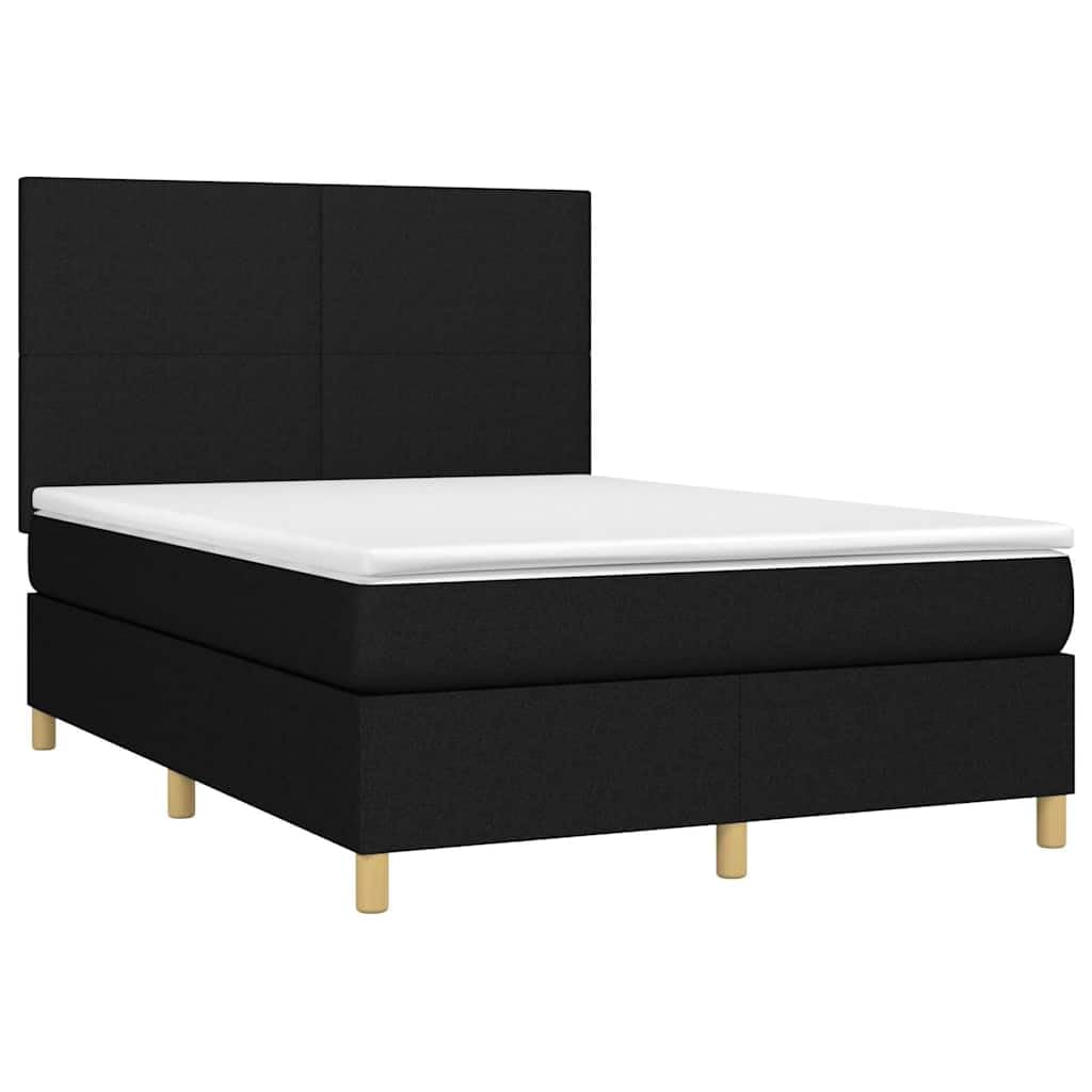 Tkanina z regulowanym zagłówkiem LED 140x200 cm Czarny | Łóżko kontynentalne z materacem 140x200 czarne z zagłówkiem LED do sypialni, tapicerowane, ze sprężynami kieszeniowymi