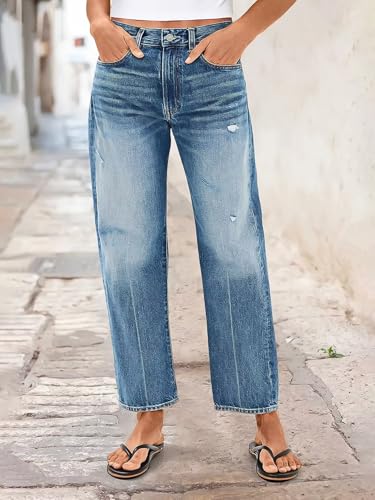 Flamingals Women's Crease Ripped High Waist Barrel Leg Cropped Jeans2