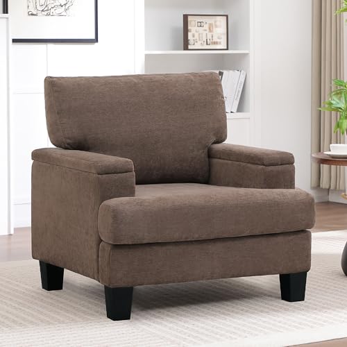 Image of Modern Upholstered Accent Chair, Living Room Chairs with Storage Armrest, Comfy Large Armchair, Fabric Reading Chair for Bedroom, Dark Brown