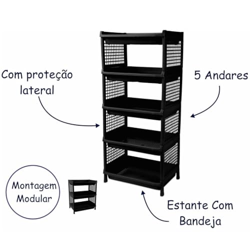 Estante Plastica Modular Multiuso 5 Prateleiras Bandeja Organizadora Com proteção Lateral (Preto)