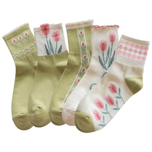 Image of 4 /5 Pack Cute Womens Floral Socks, Cotton Vintage Embroidered Casual Crew Socks, Girly Cottagecore Tulip Dress Socks