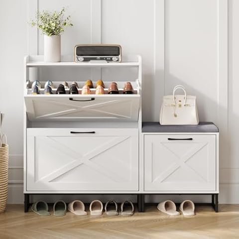 Maupvit Shoe Storage Cabinet with 3 Flip Drawers for 20 Pairs, Entryway Shoe Storage with Shoe Bench, Narrow Hidden Shoe Organizer for Entryway, Living Room, Hallway,White Cover